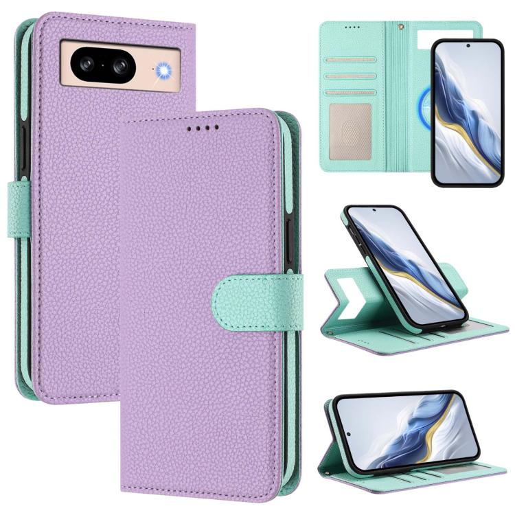 Litchi-texture vegan leather magnetic side-patch phone case, purple with mint green flap