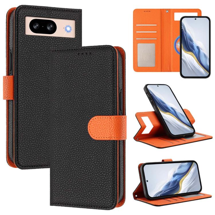 Litchi-texture magnetic wallet phone case in black with orange side patch and strap