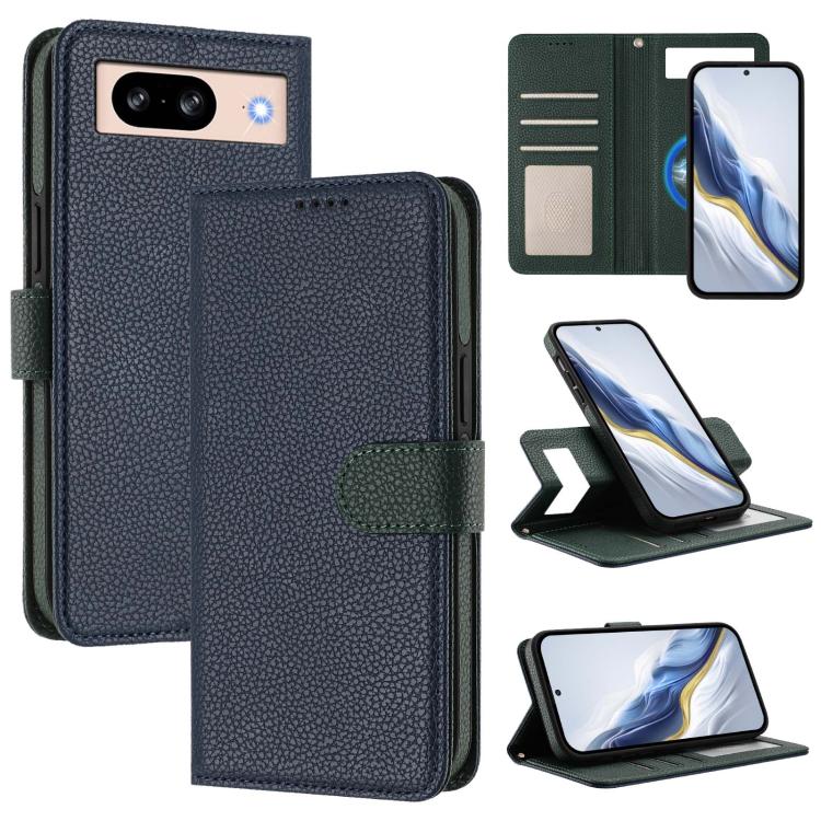 Litchi-texture magnetic wallet phone case in dark blue with green side patch and strap