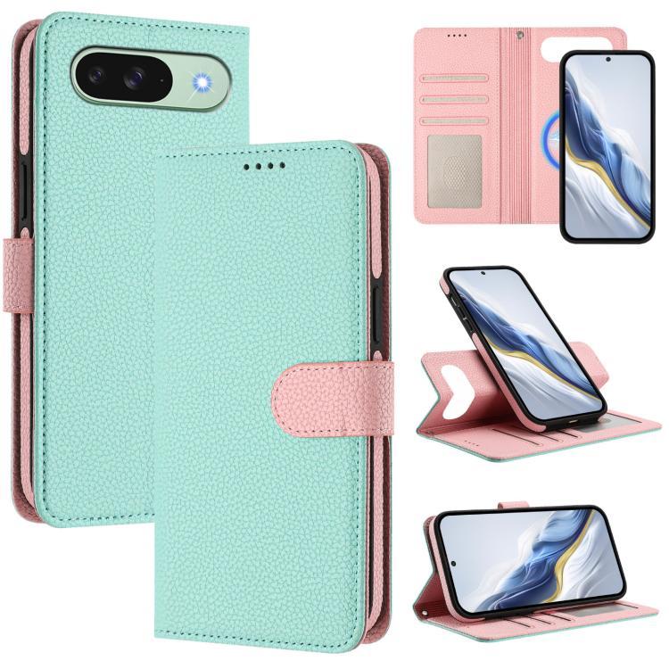 Litchi-textured vegan leather magnetic flip phone case, mint with pink side patch