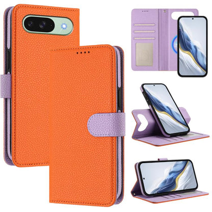 Litchi-textured vegan leather magnetic flip phone case, orange with purple side patch