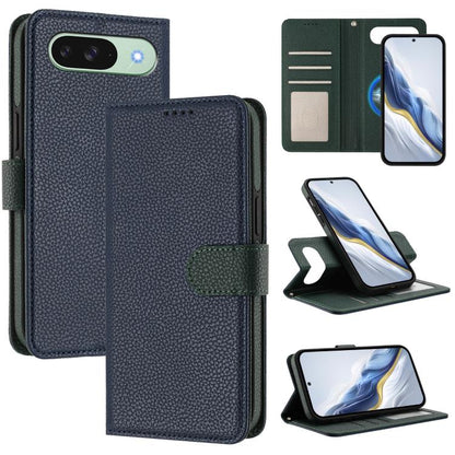 Magnetic flip vegan leather phone case with litchi texture, navy cover and green strap patch