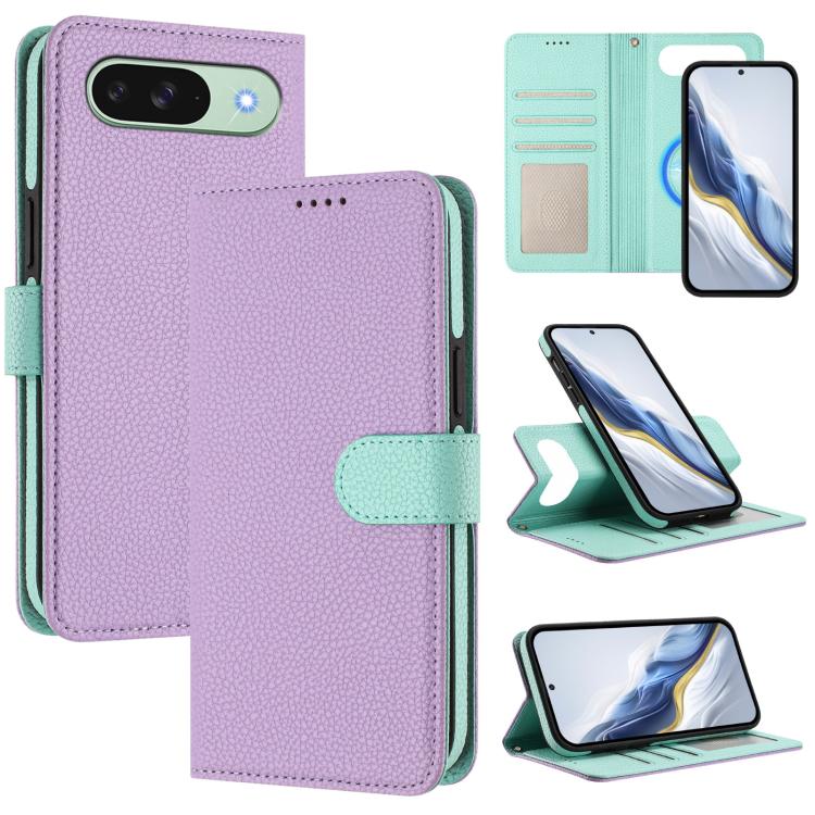 Magnetic flip vegan leather phone case with litchi texture, lavender cover and mint strap patch
