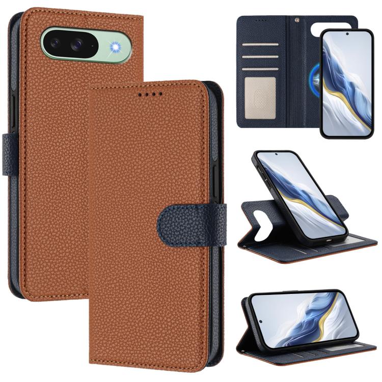 Magnetic flip vegan leather phone case with litchi texture, brown cover and dark blue strap patch