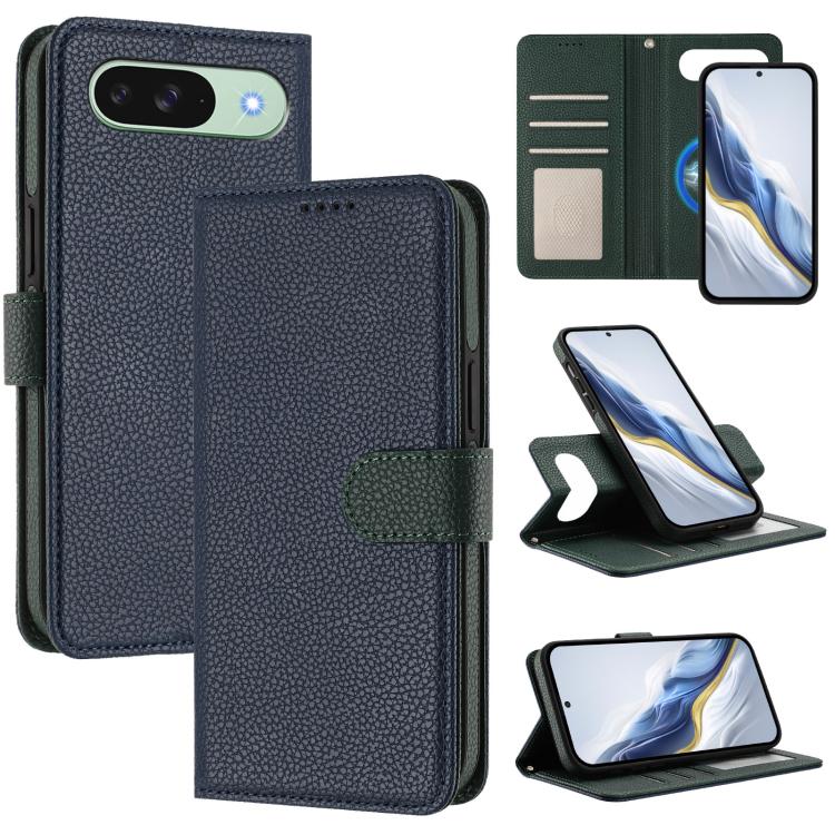 Litchi-textured vegan leather magnetic flip phone case, navy with dark green side patch