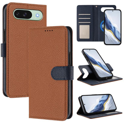 Litchi-textured vegan leather magnetic flip phone case, brown with dark blue side patch
