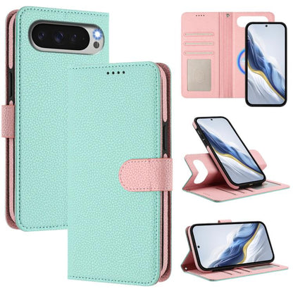 Mint green litchi-texture magnetic wallet phone case with pink side patch and card slots
