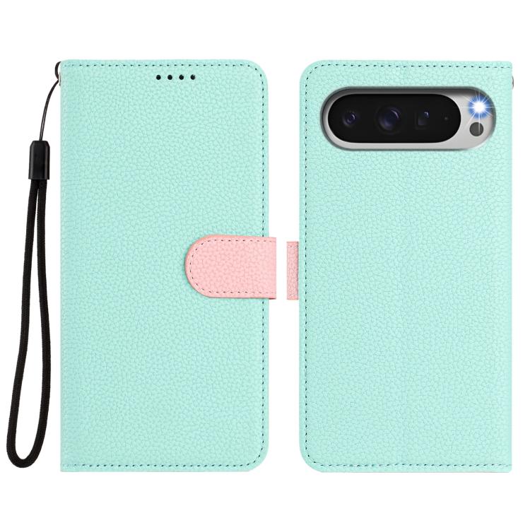 Mint green litchi-texture flip wallet phone case with pink magnetic side patch and strap