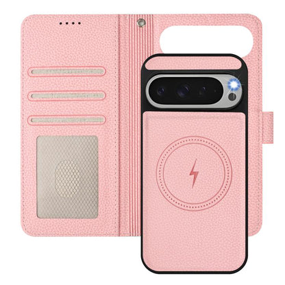 Pink litchi-texture magnetic wallet phone case with card slots and removable side patch