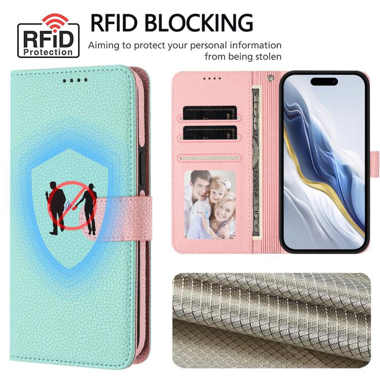 Mint and pink litchi-texture wallet phone case with RFID card protection and flip stand