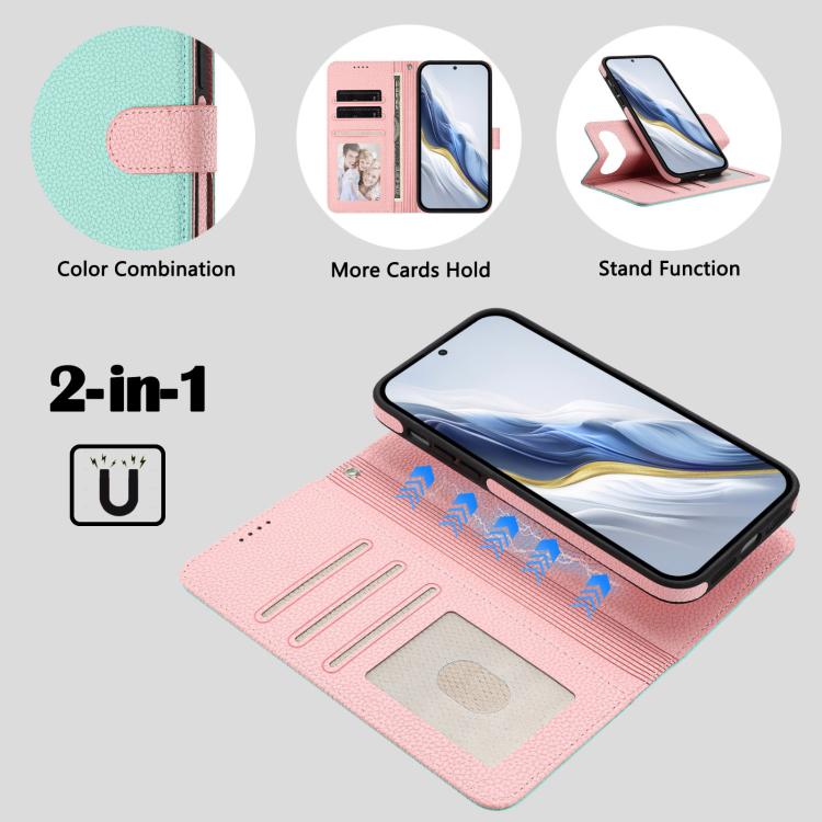 Mint green and pink litchi-texture flip wallet phone case with card slots and stand