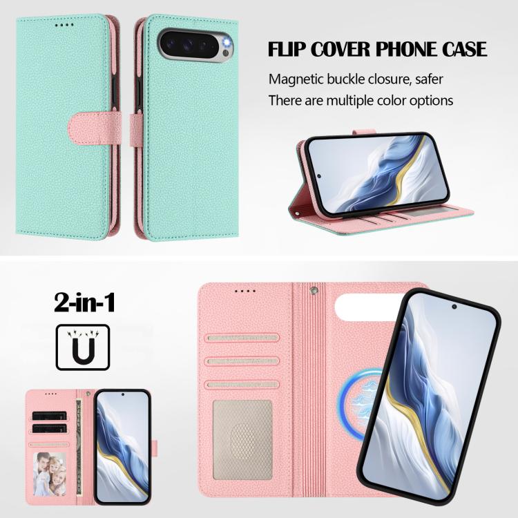 Mint green flip cover phone case with pink magnetic side patch, card slots, and stand