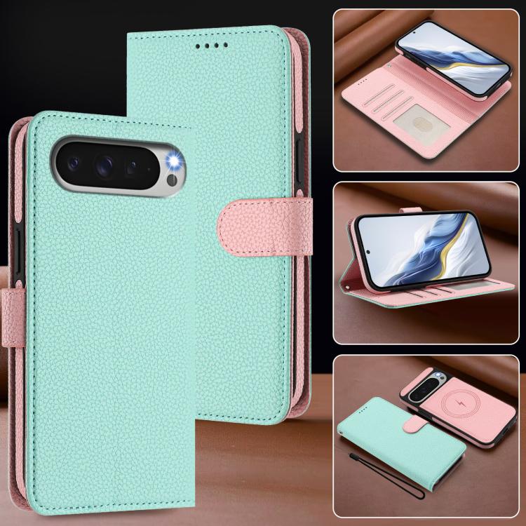 Mint green litchi-texture wallet phone case with pink magnetic patch and wrist strap