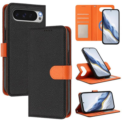 Black litchi-texture magnetic wallet phone case with orange side patch and flip stand