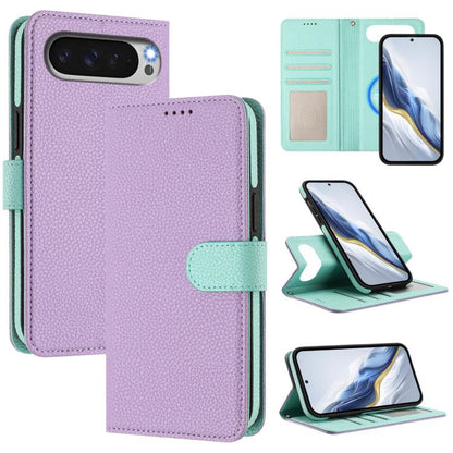 Purple litchi-texture magnetic side-patch vegan leather phone case with mint strap