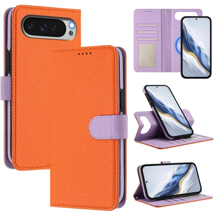 Orange litchi-texture magnetic side-patch vegan leather phone case with purple strap