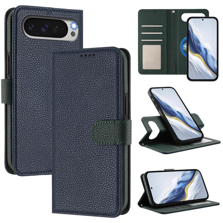 Dark blue litchi-texture magnetic side-patch vegan leather phone case with green strap