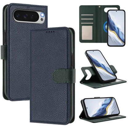 Dark blue litchi-texture magnetic side-patch vegan leather phone case with green strap