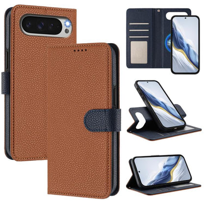 Cognac brown litchi-texture magnetic side-patch vegan leather phone case with dark strap
