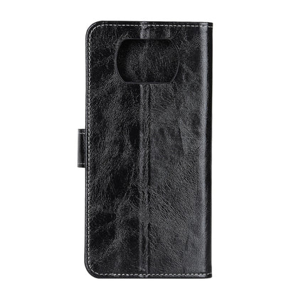 Black leather-style flip phone case with top camera cutout and magnetic strap