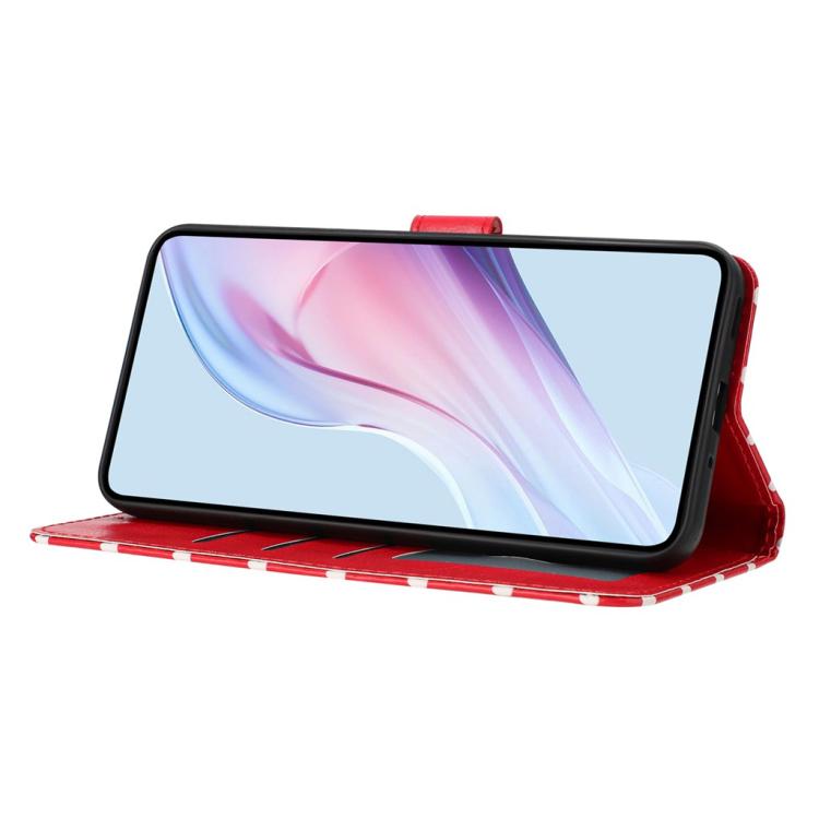 Red polka-dot phone case with flip cover that supports as a stand