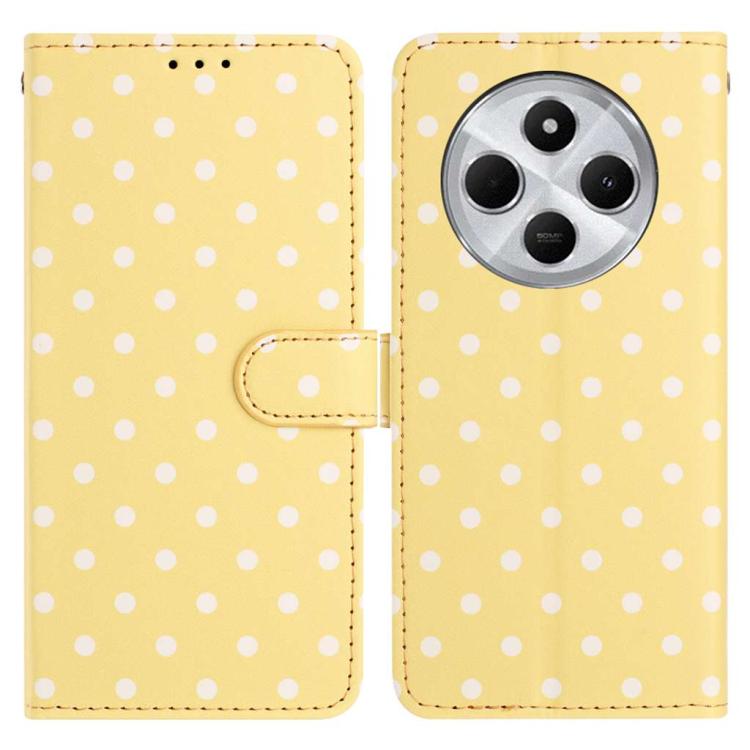 Yellow vegan leather phone case with white polka dots and flip folio cover
