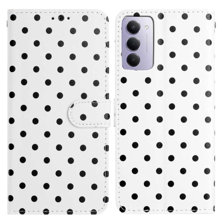 White vegan leather phone case with small black dots and magnetic folio strap