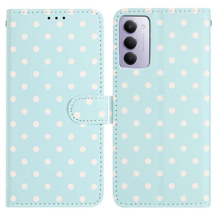 Light blue vegan leather phone case with small white dots and magnetic folio strap