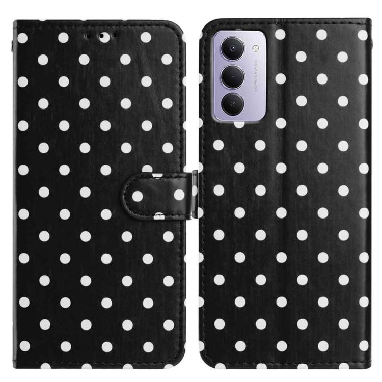 Black vegan leather phone case with small white dots and magnetic folio strap