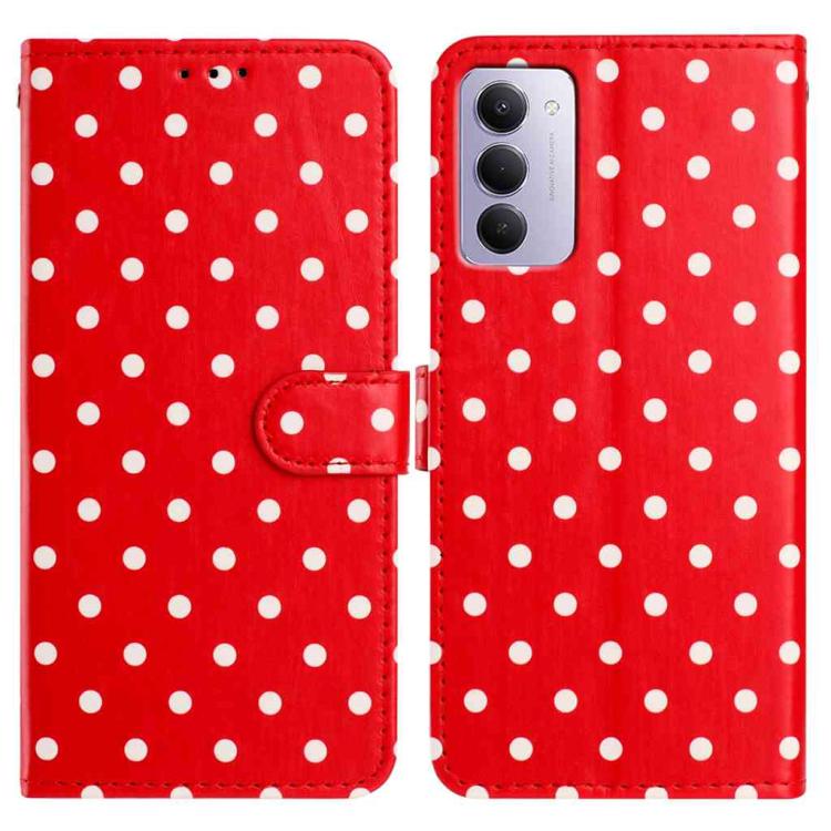 Red polka-dot folio phone case in vegan leather with snap strap and card pocket