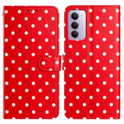 Red polka-dot folio phone case in vegan leather with snap strap and card pocket