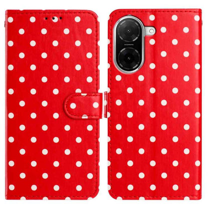 Red vegan leather phone case with white polka dots and flip wallet strap