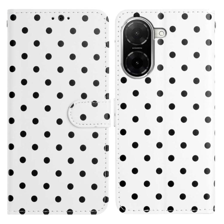 White vegan leather phone case with black polka dots and flip wallet strap