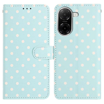Light blue vegan leather phone case with white polka dots and flip wallet strap