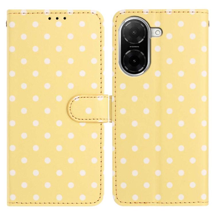 Vegan leather phone case, pale yellow with white polka dots, folio with side strap