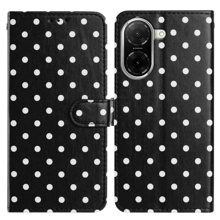 Vegan leather phone case, black with white polka dots, folio with side strap
