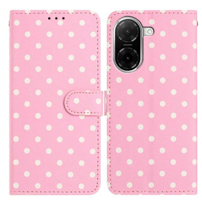 Pink vegan leather phone case with light polka dots and flip wallet strap