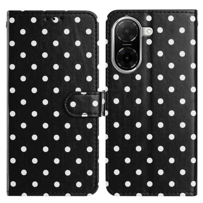 Black vegan leather phone case with white polka dots and flip wallet strap