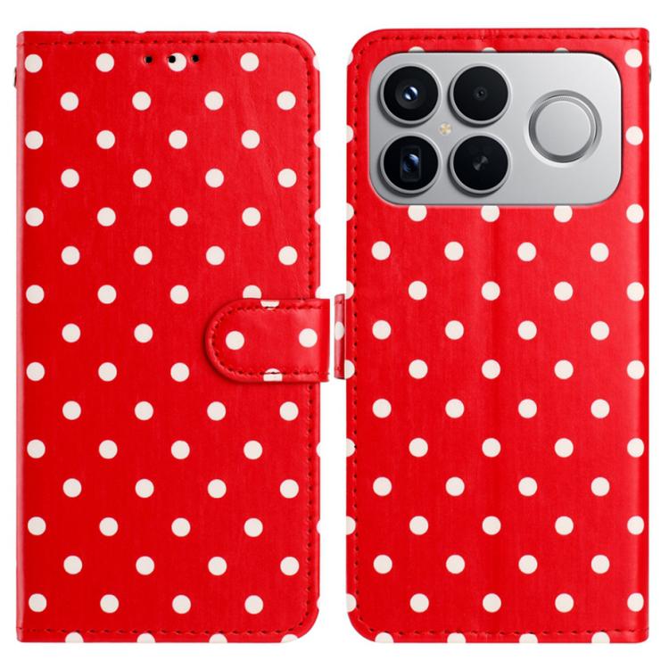 Red polka-dot vegan leather phone case with flip cover and card slot