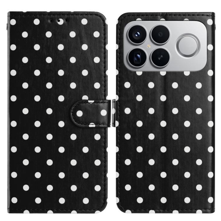 Black polka-dot vegan leather phone case with flip cover and camera cutout