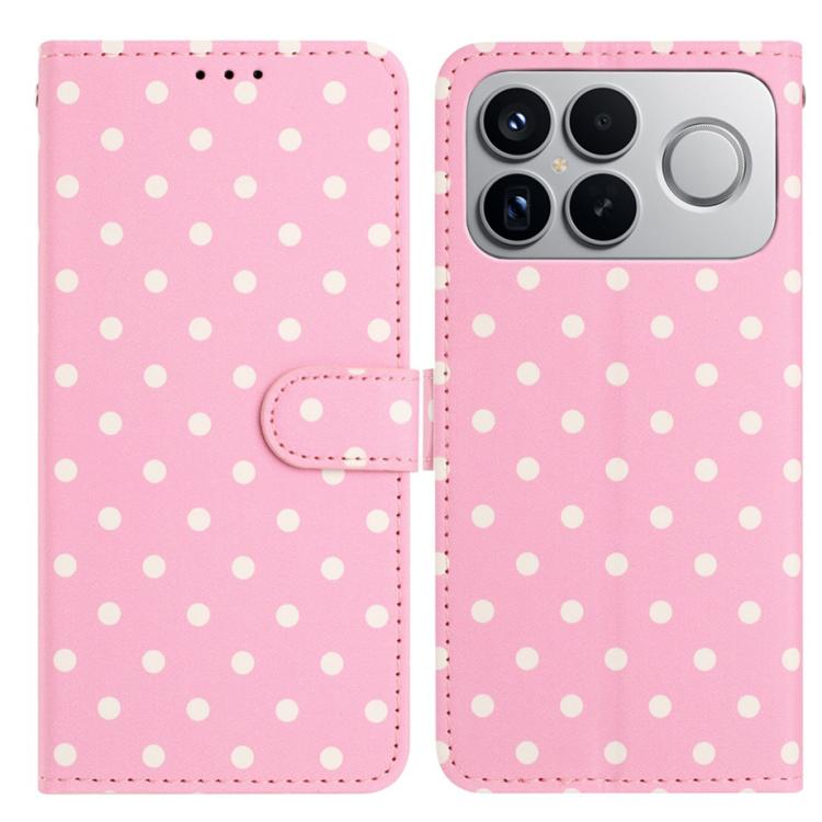 Pink polka-dot vegan leather phone case with flip cover and card slot