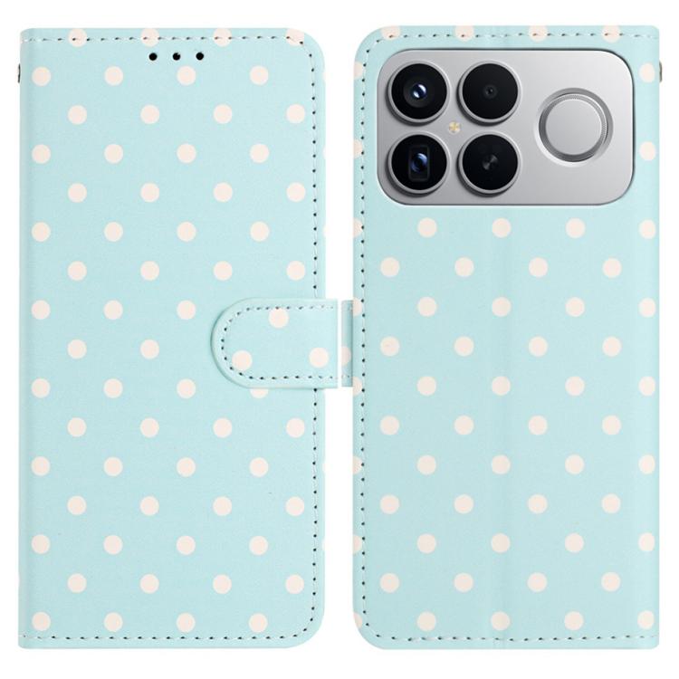 Light blue polka-dot vegan leather phone case with flip cover and card slot
