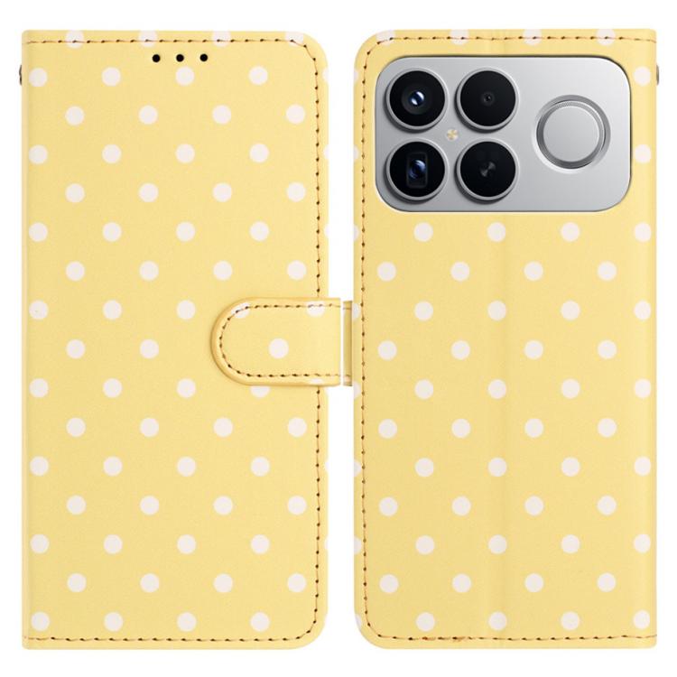 Yellow polka-dot vegan leather phone case with flip cover and card slot