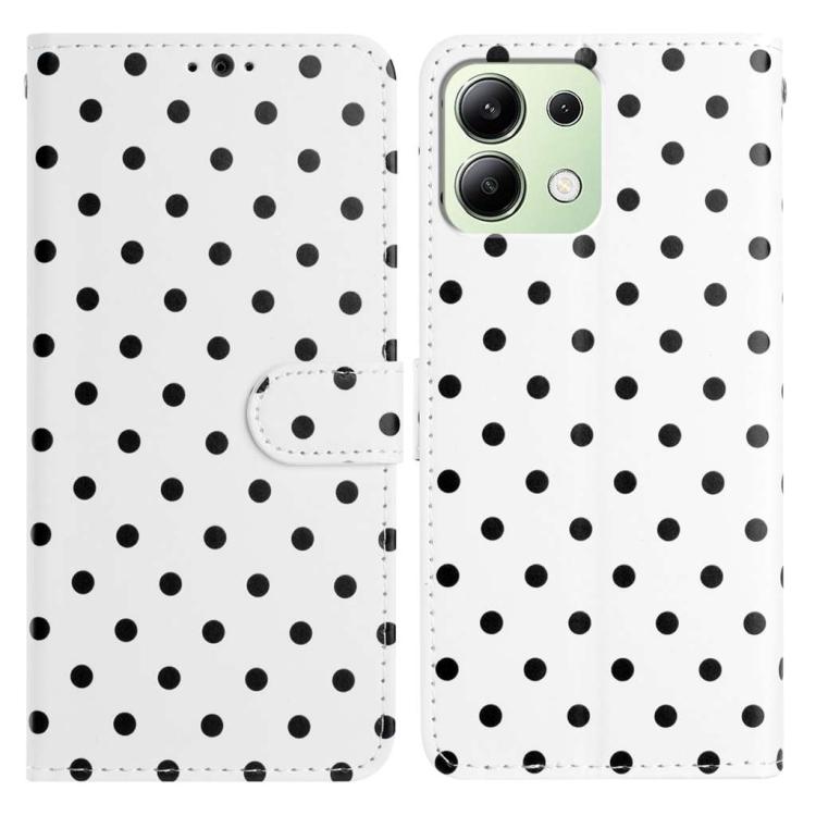 White small-dots vegan leather wallet phone case with flip cover and camera cutout.