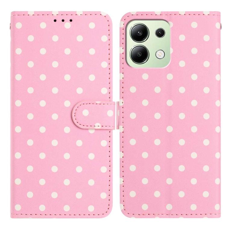 Pink small-dots vegan leather wallet phone case with flip cover and camera cutout.