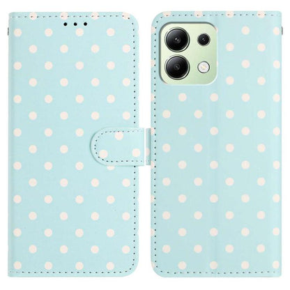 Light blue small-dots vegan leather wallet phone case with flip cover and camera cutout.
