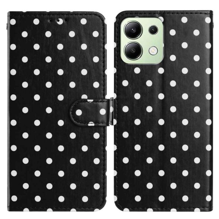 Black small-dots vegan leather wallet phone case with flip cover and camera cutout.