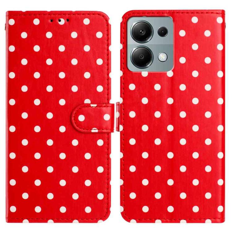 Vegan leather phone case, red with white polka dots, folio with side strap