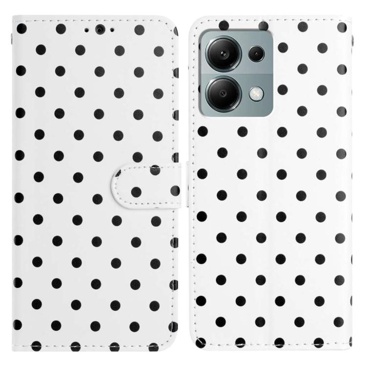 Vegan leather phone case, white with black polka dots, folio with side strap