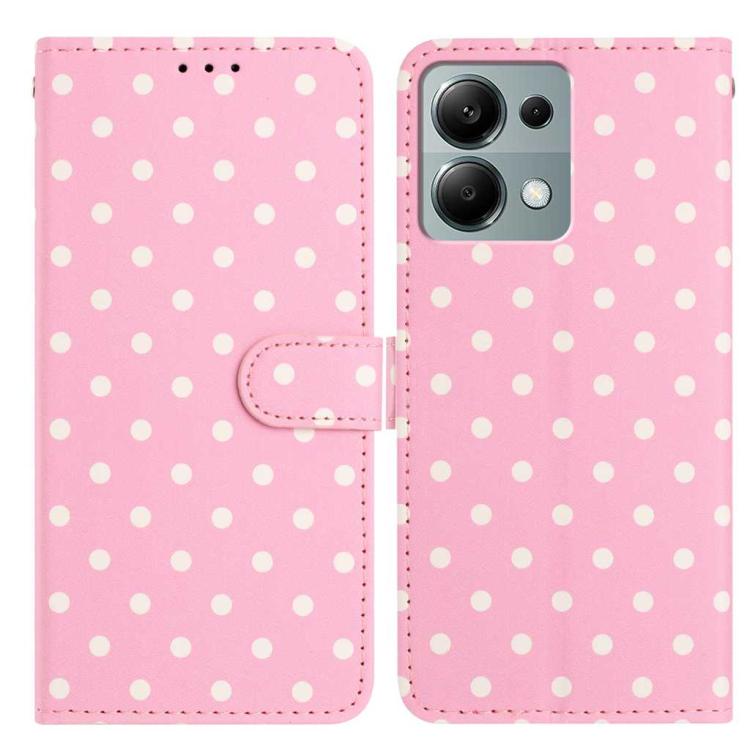 Vegan leather phone case, light pink with white polka dots, folio with side strap